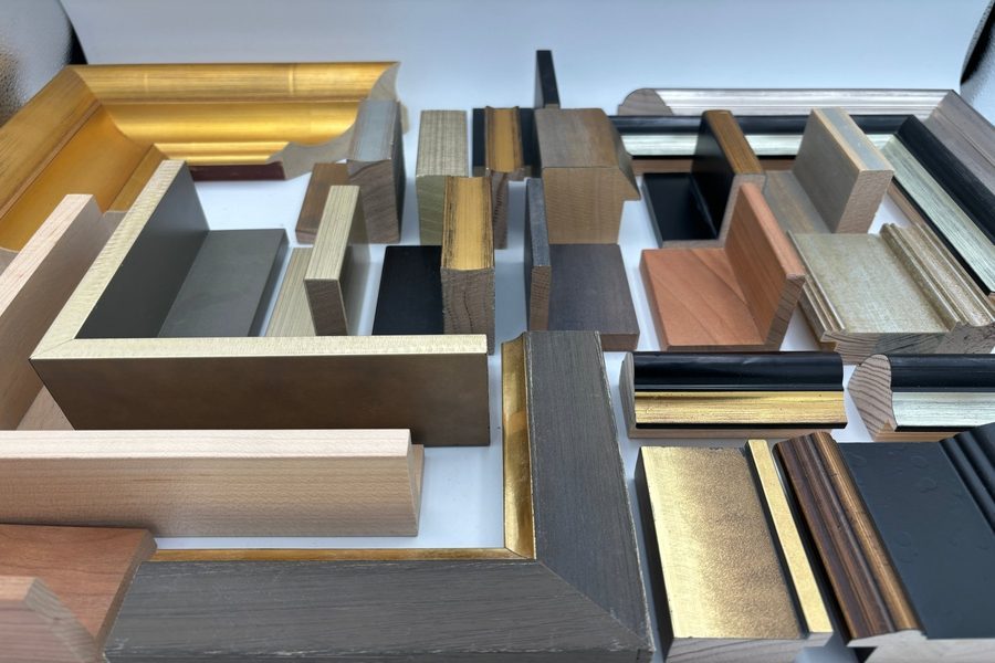 Frame moulding samples on display at Art and Mirror Framing Caringbah