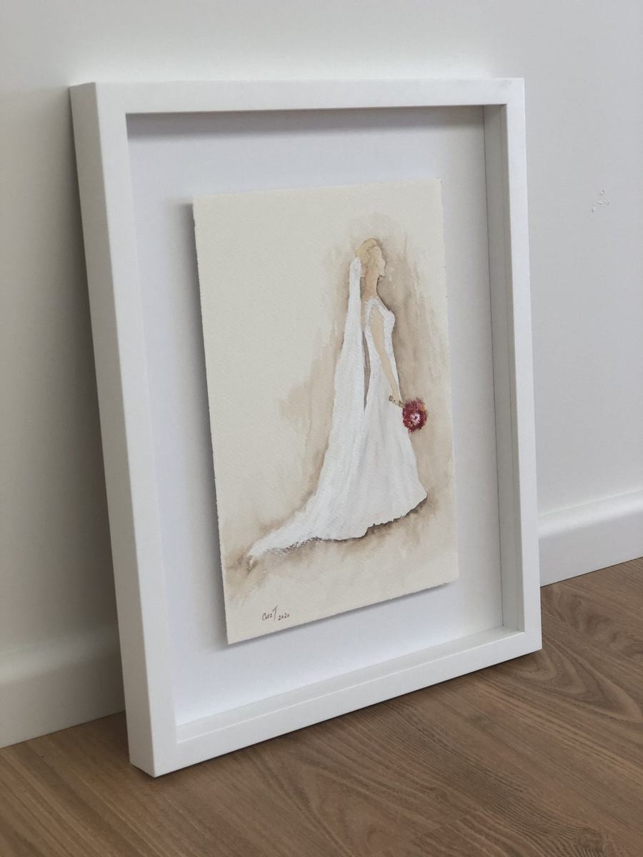 Framed watercolour painting of a bride