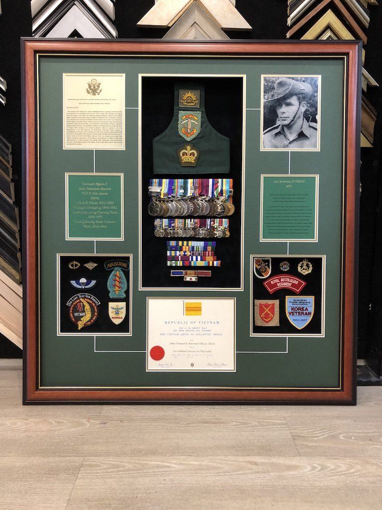 Military service medals and memorabilia display